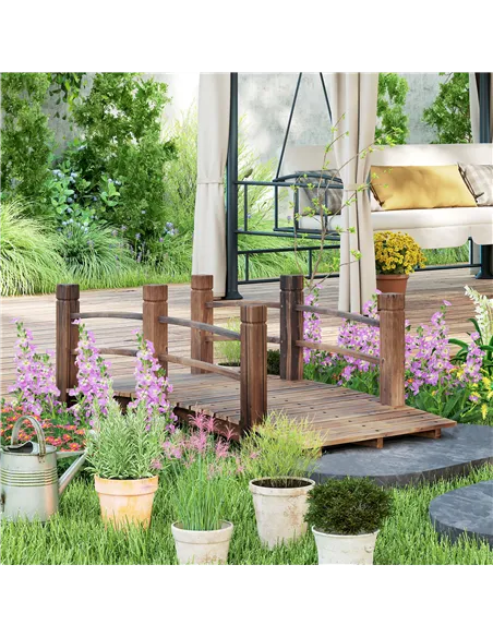 Outsunny 1.5M Wooden Garden Bridge Lawn Décor Stained Finish Arc Outdoor Pond Walkway w/ Railings Water Yard Decoration