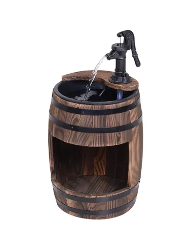 Outsunny Wood Barrel Patio Water Fountain Electric Pump Garden Decorative Ornament with Flower Planter Decor