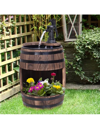 Outsunny Wood Barrel Patio Water Fountain Electric Pump Garden Decorative Ornament with Flower Planter Decor