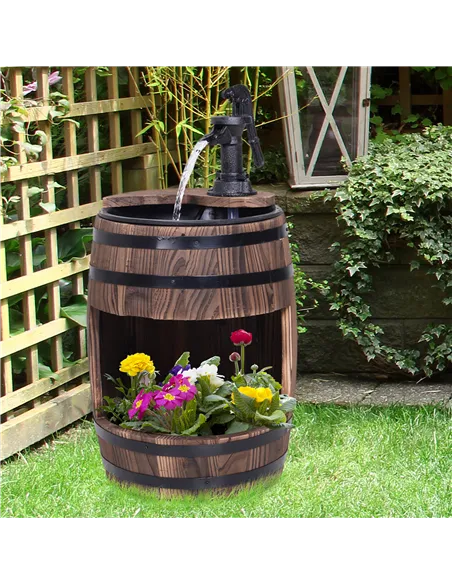 Outsunny Wood Barrel Patio Water Fountain Electric Pump Garden Decorative Ornament with Flower Planter Decor