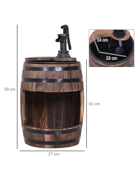 Outsunny Wood Barrel Patio Water Fountain Electric Pump Garden Decorative Ornament with Flower Planter Decor