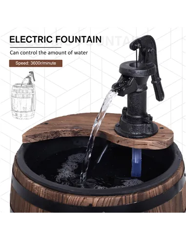 Outsunny Wood Barrel Patio Water Fountain Electric Pump Garden Decorative Ornament with Flower Planter Decor