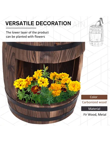 Outsunny Wood Barrel Patio Water Fountain Electric Pump Garden Decorative Ornament with Flower Planter Decor