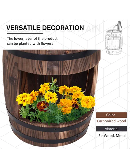 Outsunny Wood Barrel Patio Water Fountain Electric Pump Garden Decorative Ornament with Flower Planter Decor