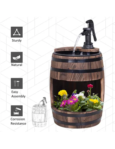 Outsunny Wood Barrel Patio Water Fountain Electric Pump Garden Decorative Ornament with Flower Planter Decor