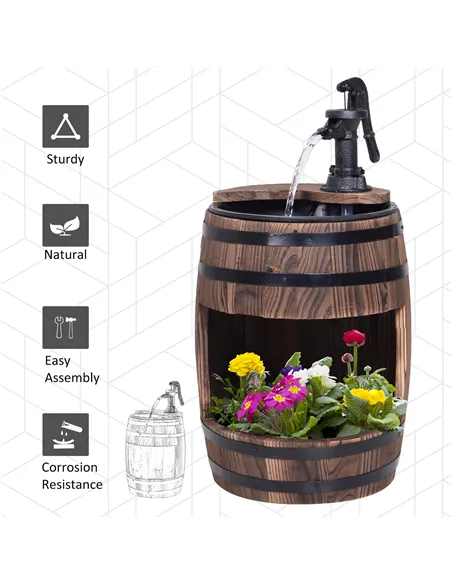 Outsunny Wood Barrel Patio Water Fountain Electric Pump Garden Decorative Ornament with Flower Planter Decor