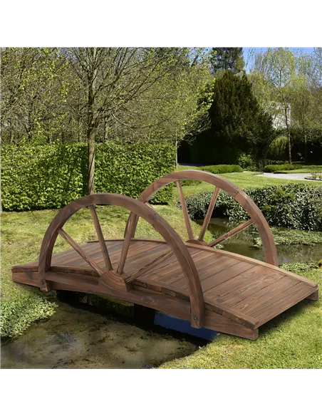 Outsunny Wooden Garden Bridge Lawn Décor Stained Finish Arc Outdoor Pond WalkwayYard Decoration Half Wheeled Railings 100L x 50W