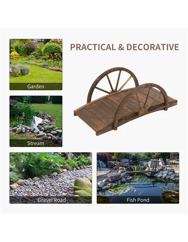 Outsunny Wooden Garden Bridge Lawn Décor Stained Finish Arc Outdoor Pond WalkwayYard Decoration Half Wheeled Railings 100L x 50W