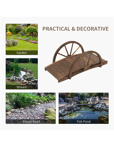 Outsunny Wooden Garden Bridge Lawn Décor Stained Finish Arc Outdoor Pond WalkwayYard Decoration Half Wheeled Railings 100L x 50W