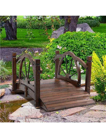 Outsunny 1.5M Wooden Garden Bridge Decorative Arc Footbridge with Safety Guardrail Outdoor Lawn Pond Bridge Walkway Stained Wood