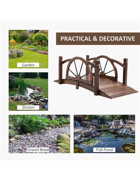 Outsunny 1.5M Wooden Garden Bridge Decorative Arc Footbridge with Safety Guardrail Outdoor Lawn Pond Bridge Walkway Stained Wood