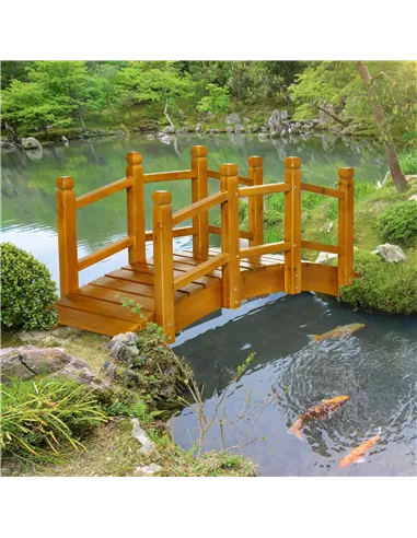 Outsunny Wooden Garden Bridge with Safety Railings, Arc Footbridge for Pond Backyard Stream, Brown