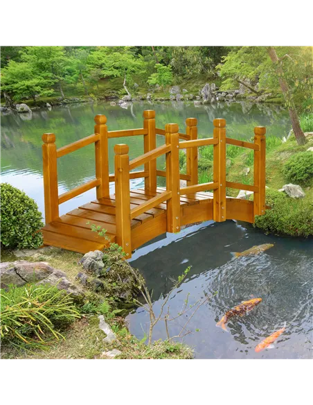 Outsunny Wooden Garden Bridge with Safety Railings, Arc Footbridge for Pond Backyard Stream, Brown