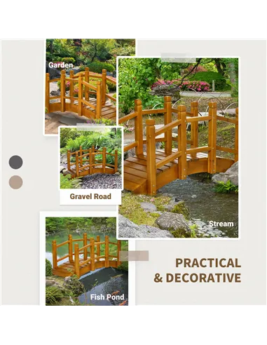 Outsunny Wooden Garden Bridge with Safety Railings, Arc Footbridge for Pond Backyard Stream, Brown