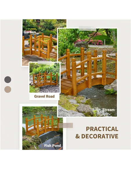 Outsunny Wooden Garden Bridge with Safety Railings, Arc Footbridge for Pond Backyard Stream, Brown