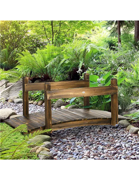 Outsunny 5FT Wooden Garden Bridge with Planters on Safety Railings, Stained Finish Arc Footbridge for Pond Backyard Stream