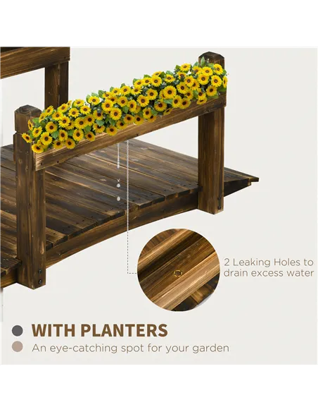 Outsunny 5FT Wooden Garden Bridge with Planters on Safety Railings, Stained Finish Arc Footbridge for Pond Backyard Stream