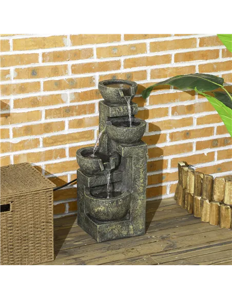 Outsunny Garden Water Feature Waterfall Fountain with 4-Tier Stone Look Bowls, Adjustable Flow, Black and Yellow