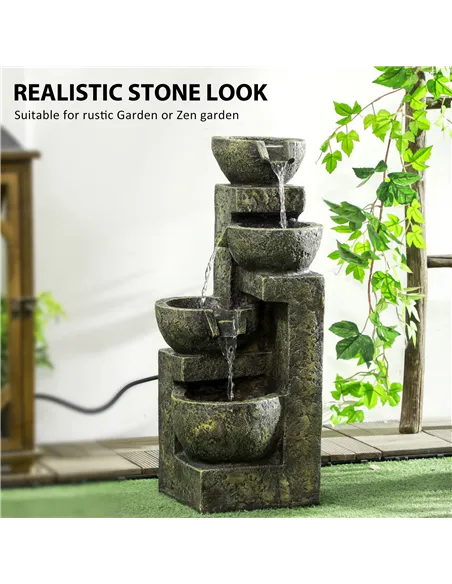 Outsunny Garden Water Feature Waterfall Fountain with 4-Tier Stone Look Bowls, Adjustable Flow, Black and Yellow