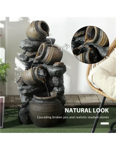 Outsunny Solar Powered Garden Water Feature with LED Lights and Pump, 4 Tier Cascading Water Fountain for Indoor/Outdoor, Jars W