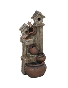 Outsunny 2-in-1 Waterfall Fountain with Birdhouse, Resin Garden Water Fountain with LED Lights Pump, Cascading Garden Water Feat