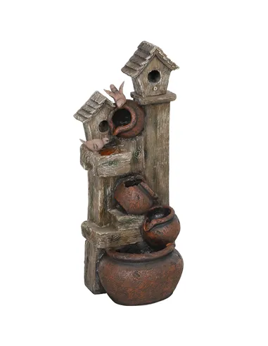 Outsunny 2-in-1 Waterfall Fountain with Birdhouse, Resin Garden Water Fountain with LED Lights Pump, Cascading Garden Water Feat