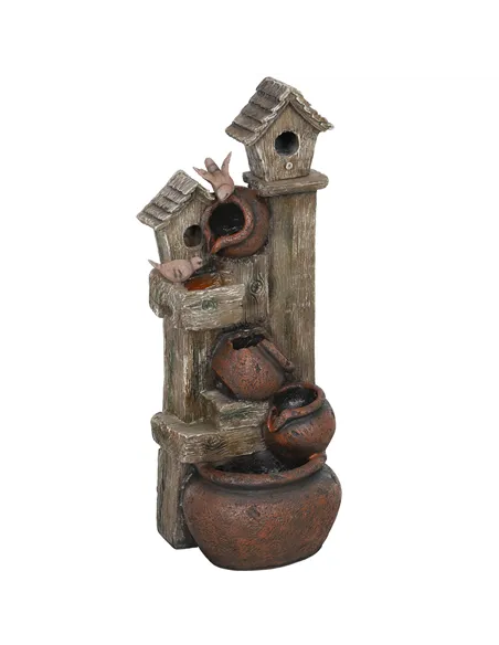 Outsunny 2-in-1 Waterfall Fountain with Birdhouse, Resin Garden Water Fountain with LED Lights Pump, Cascading Garden Water Feat