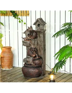 Outsunny 2-in-1 Waterfall Fountain with Birdhouse, Resin Garden Water Fountain with LED Lights Pump, Cascading Garden Water Feat 2