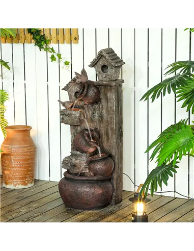 Outsunny 2-in-1 Waterfall Fountain with Birdhouse, Resin Garden Water Fountain with LED Lights Pump, Cascading Garden Water Feat