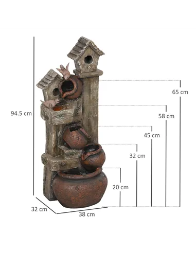 Outsunny 2-in-1 Waterfall Fountain with Birdhouse, Resin Garden Water Fountain with LED Lights Pump, Cascading Garden Water Feat