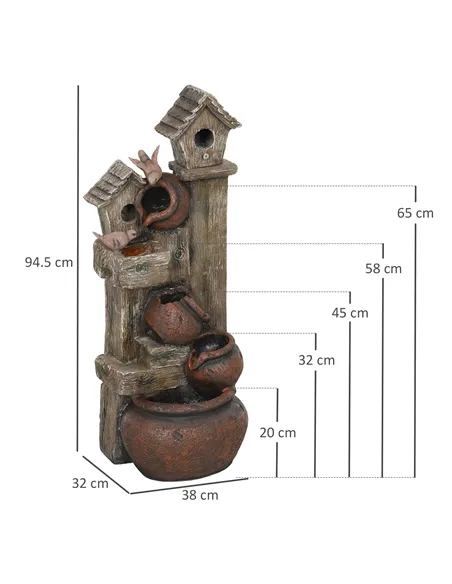 Outsunny 2-in-1 Waterfall Fountain with Birdhouse, Resin Garden Water Fountain with LED Lights Pump, Cascading Garden Water Feat