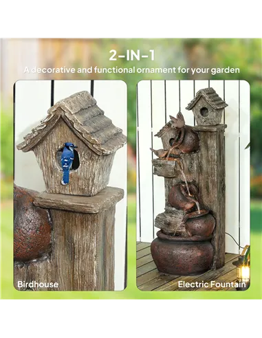 Outsunny 2-in-1 Waterfall Fountain with Birdhouse, Resin Garden Water Fountain with LED Lights Pump, Cascading Garden Water Feat