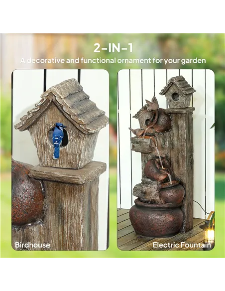 Outsunny 2-in-1 Waterfall Fountain with Birdhouse, Resin Garden Water Fountain with LED Lights Pump, Cascading Garden Water Feat