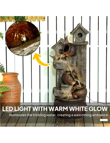 Outsunny 2-in-1 Waterfall Fountain with Birdhouse, Resin Garden Water Fountain with LED Lights Pump, Cascading Garden Water Feat