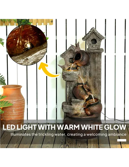 Outsunny 2-in-1 Waterfall Fountain with Birdhouse, Resin Garden Water Fountain with LED Lights Pump, Cascading Garden Water Feat