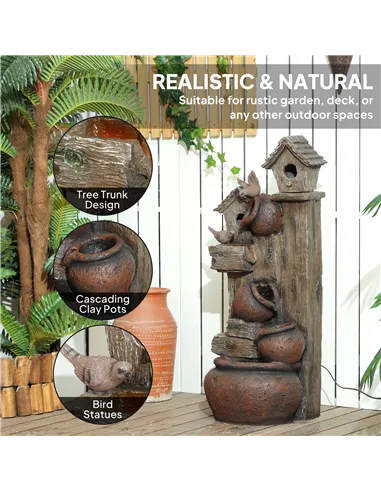 Outsunny 2-in-1 Waterfall Fountain with Birdhouse, Resin Garden Water Fountain with LED Lights Pump, Cascading Garden Water Feat
