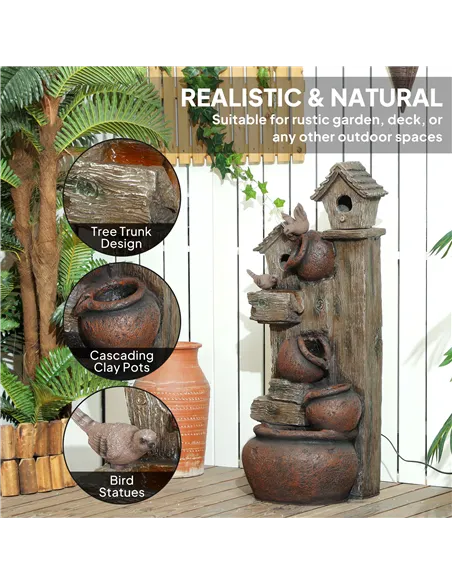 Outsunny 2-in-1 Waterfall Fountain with Birdhouse, Resin Garden Water Fountain with LED Lights Pump, Cascading Garden Water Feat