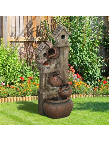 Outsunny 2-in-1 Waterfall Fountain with Birdhouse, Resin Garden Water Fountain with LED Lights Pump, Cascading Garden Water Feat