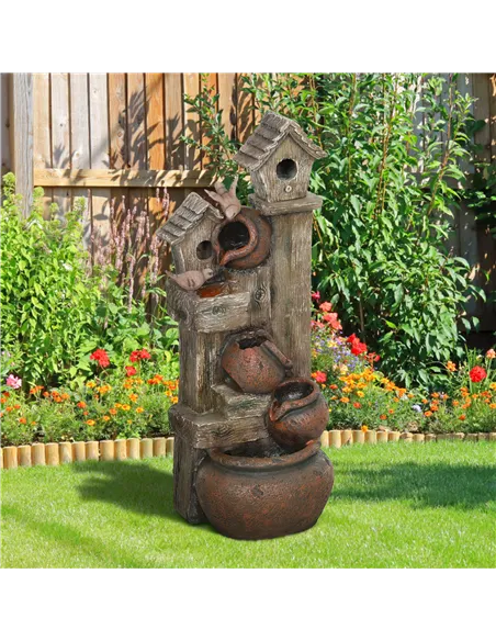 Outsunny 2-in-1 Waterfall Fountain with Birdhouse, Resin Garden Water Fountain with LED Lights Pump, Cascading Garden Water Feat