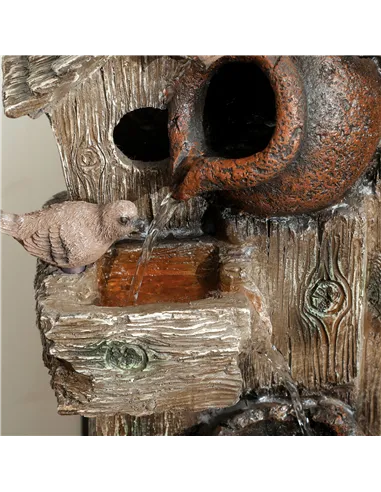 Outsunny 2-in-1 Waterfall Fountain with Birdhouse, Resin Garden Water Fountain with LED Lights Pump, Cascading Garden Water Feat