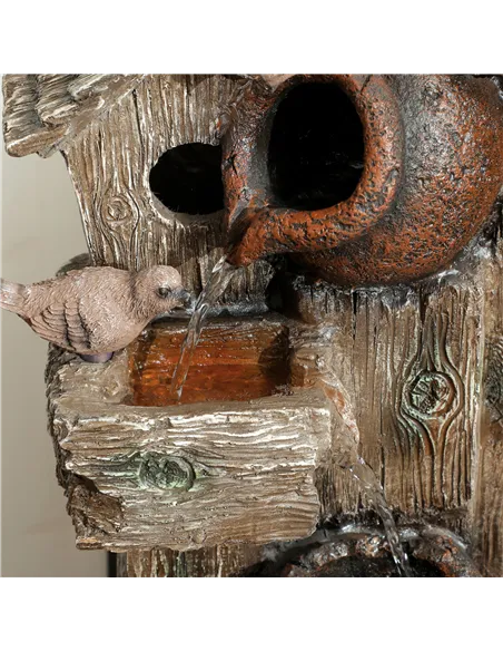 Outsunny 2-in-1 Waterfall Fountain with Birdhouse, Resin Garden Water Fountain with LED Lights Pump, Cascading Garden Water Feat