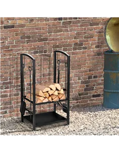 Outsunny Metal Firewood Log Holder 2 Layer Firewood Rack Indoor Outdoor Fireplace Wood Storage Shelf with 4 Tools and Hooks, Bla 2