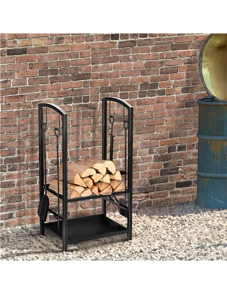 Outsunny Metal Firewood Log Holder 2 Layer Firewood Rack Indoor Outdoor Fireplace Wood Storage Shelf with 4 Tools and Hooks, Bla