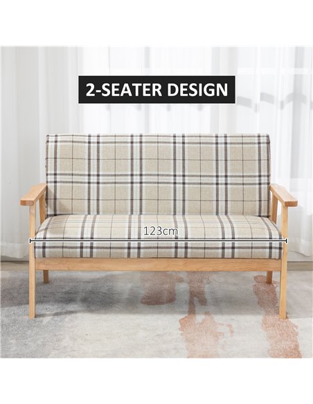 HOMCOM Compact Loveseat Couch Double Seat Sofa with Lattice Pattern and Rubber Wood Frame Beige and Coffee