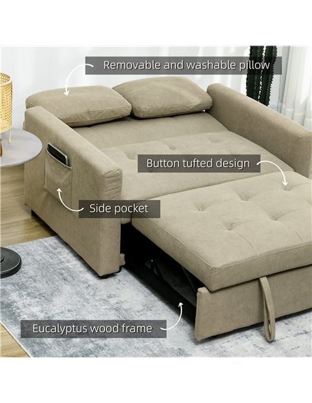 HOMCOM Loveseat Sofa Bed, Convertible Bed Settee with 2 Cushions, Side Pockets for Living Room, Light Brown