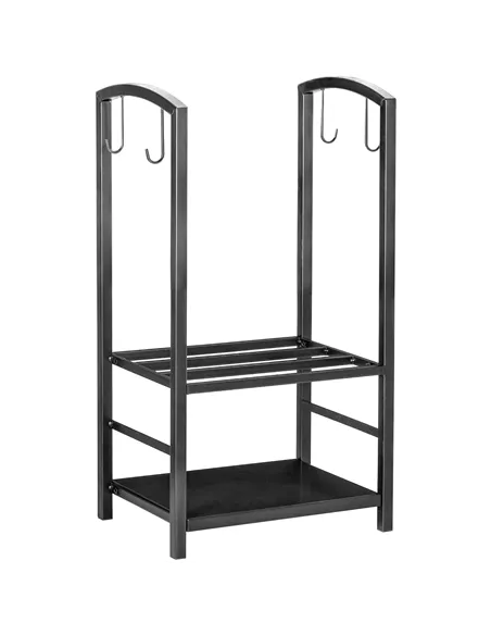 Outsunny Metal Firewood Log Holder 2 Layer Firewood Rack Indoor Outdoor Fireplace Wood Storage Shelf with 4 Tools and Hooks, Bla