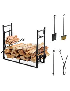 Outsunny Metal Firewood Log Holder Indoor Outdoor Firewood Rack Fireplace 2 Tier Wood Storage Shelf with 4 Tools, Hooks, Scrolls