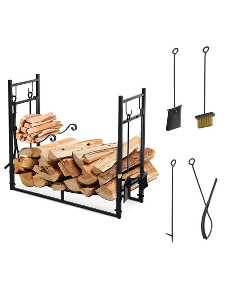 Outsunny Metal Firewood Log Holder Indoor Outdoor Firewood Rack Fireplace 2 Tier Wood Storage Shelf with 4 Tools, Hooks, Scrolls