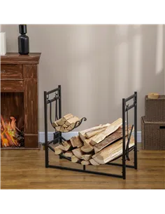 Outsunny Metal Firewood Log Holder Indoor Outdoor Firewood Rack Fireplace 2 Tier Wood Storage Shelf with 4 Tools, Hooks, Scrolls 2
