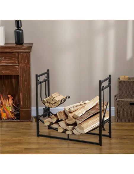 Outsunny Metal Firewood Log Holder Indoor Outdoor Firewood Rack Fireplace 2 Tier Wood Storage Shelf with 4 Tools, Hooks, Scrolls